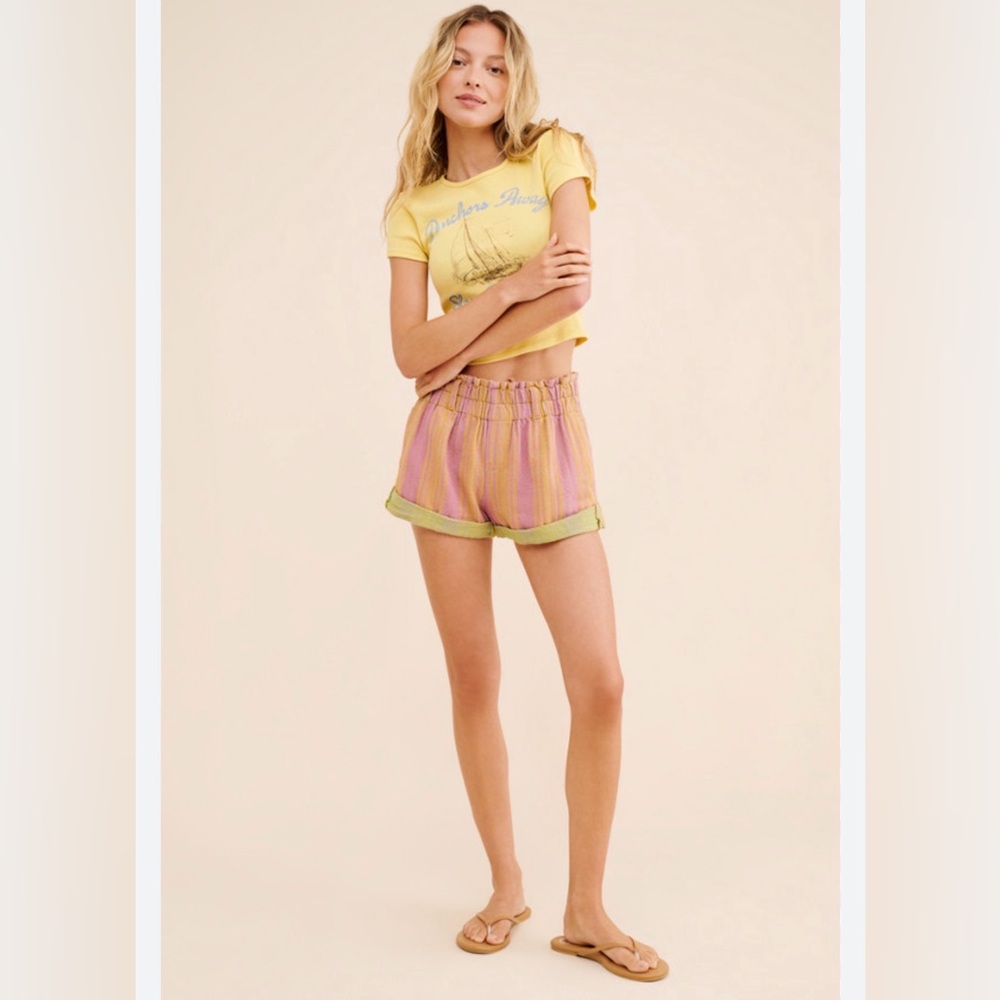 Boho Free People Solar Flare Baja Striped Shorts Large EUC Coral Tan $78 retail - Picture 2 of 4